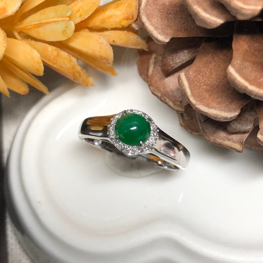 Grade A Jadeite Jade Imperial Green Cabochon Ring 18K White Gold Diamonds