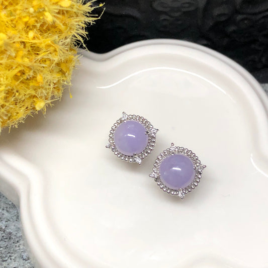 7.5 mm Beautiful Myanmar Grade A Jadeite Jade Lavender Stud Earring 18K White Gold Diamonds