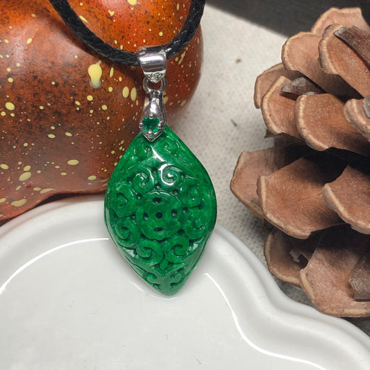 Certified Myanmar Grade A Sharp Green Carved Floral Design Pendant with silver buckle