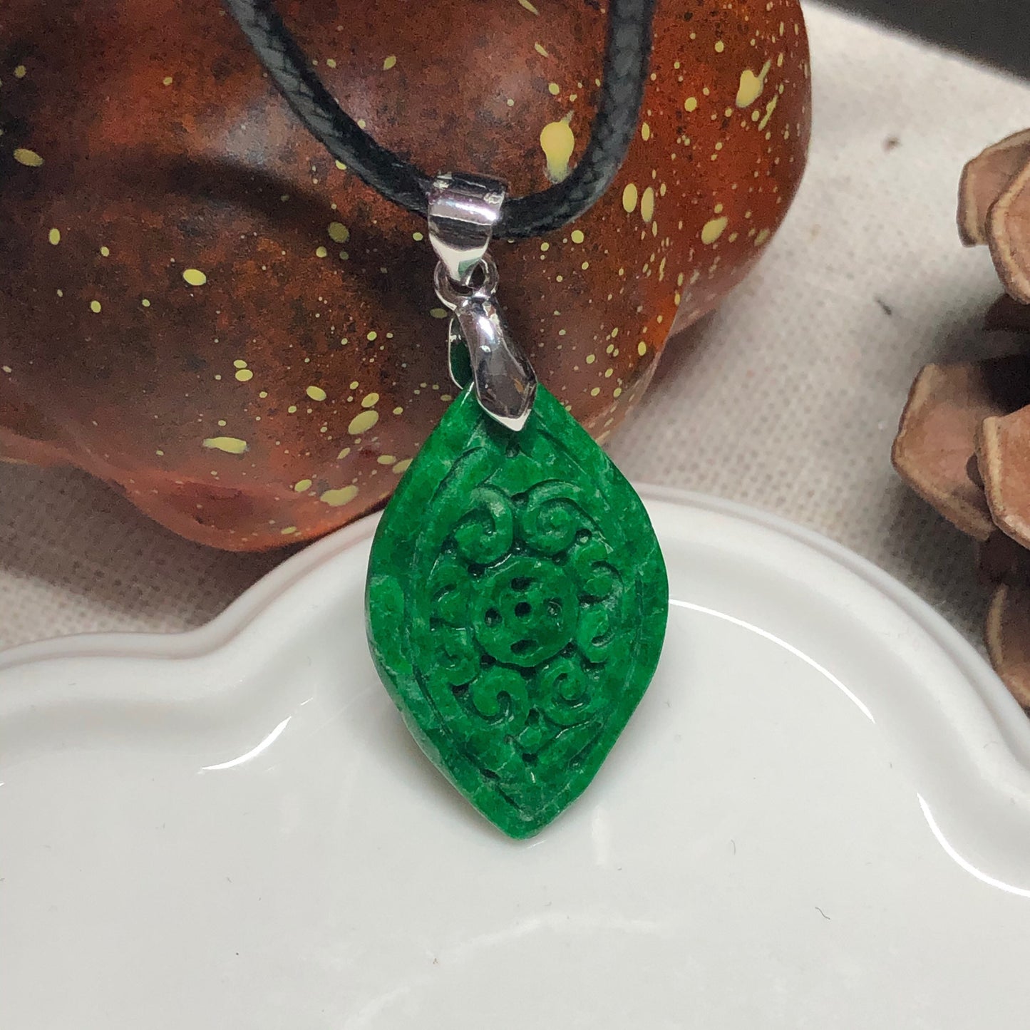 Certified Myanmar Grade A Sharp Green Carved Floral Design Pendant with silver buckle