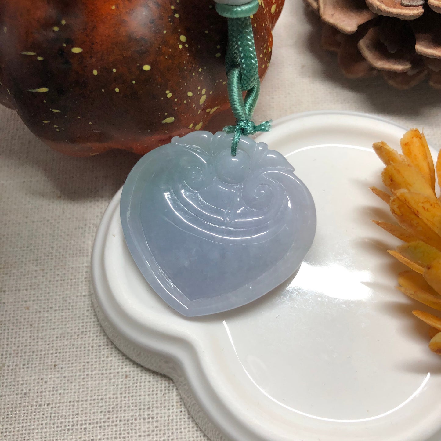 32.4 mm Certified Myanmar Grade A Lavender Blue Green Carved Ruyi Pendant with neck rope tie