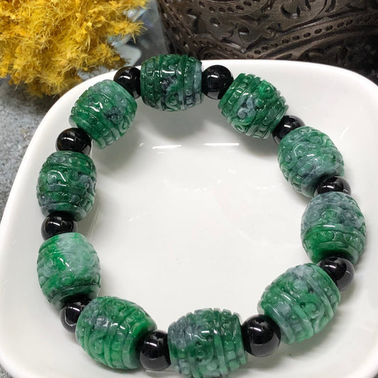Reserved: 13mm Grade A Carved Wuji Green Jadeite Jade Bead Bracelet 13mm x 10 beads