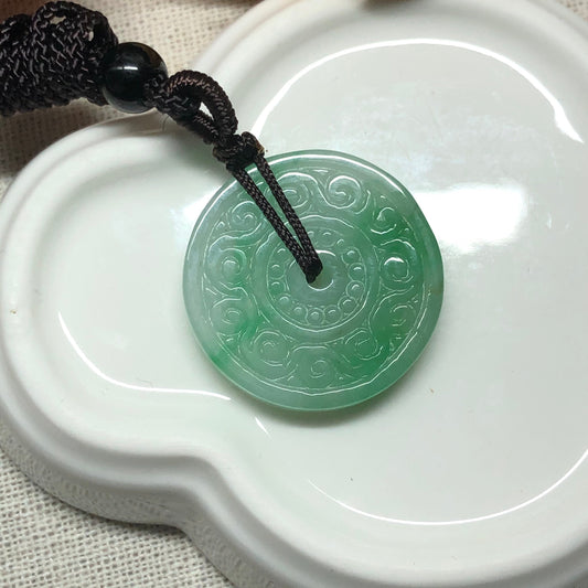 24.6 mm Certified Myanmar Grade A Yang Green Asian Carved Peace Donut Pendant