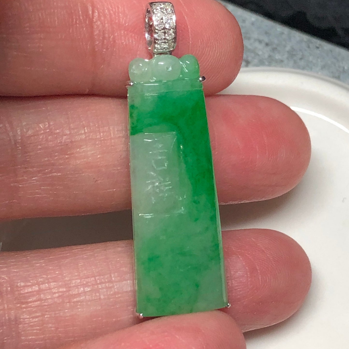 Certified Myanmar Grade A Yang Green Asian Carved Words Pendant