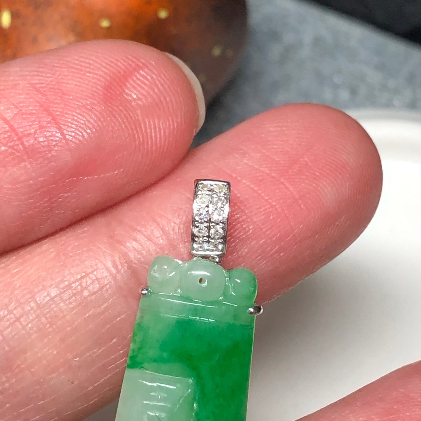 Certified Myanmar Grade A Yang Green Asian Carved Words Pendant