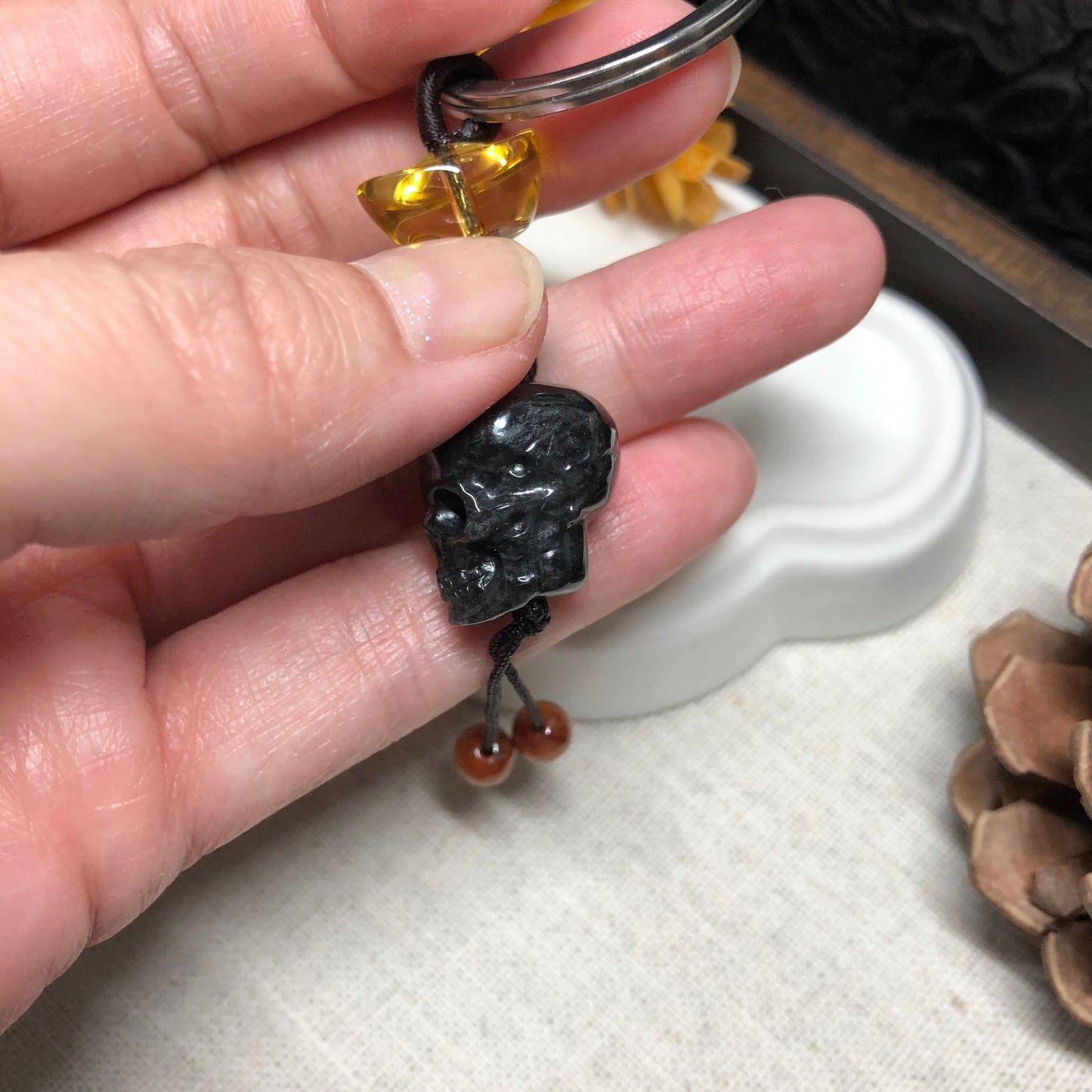 SALE: Grade A Jadeite Jade Cared Skeleton Skull Head Halloween Keychain Pendant Charm
