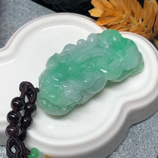 SALE: Certified Myanmar Grade A Carved Yang Green Pixiu Jadeite Jade Medallion Pendant