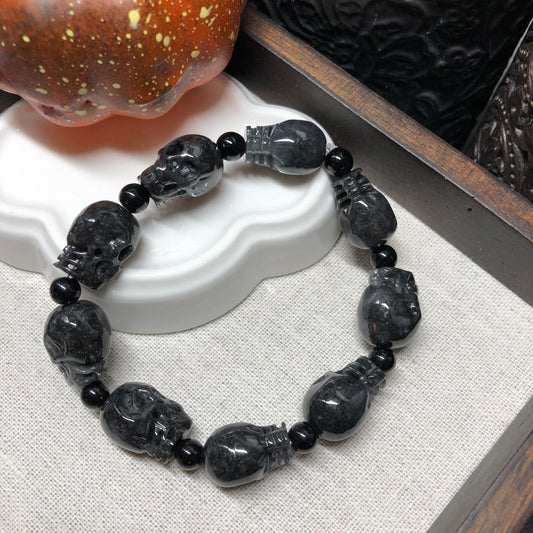 SALE: Grade A Wuji Black Grey  Carved Skeletal Head Jadeite Jade Bead Bracelet 9 pcs.