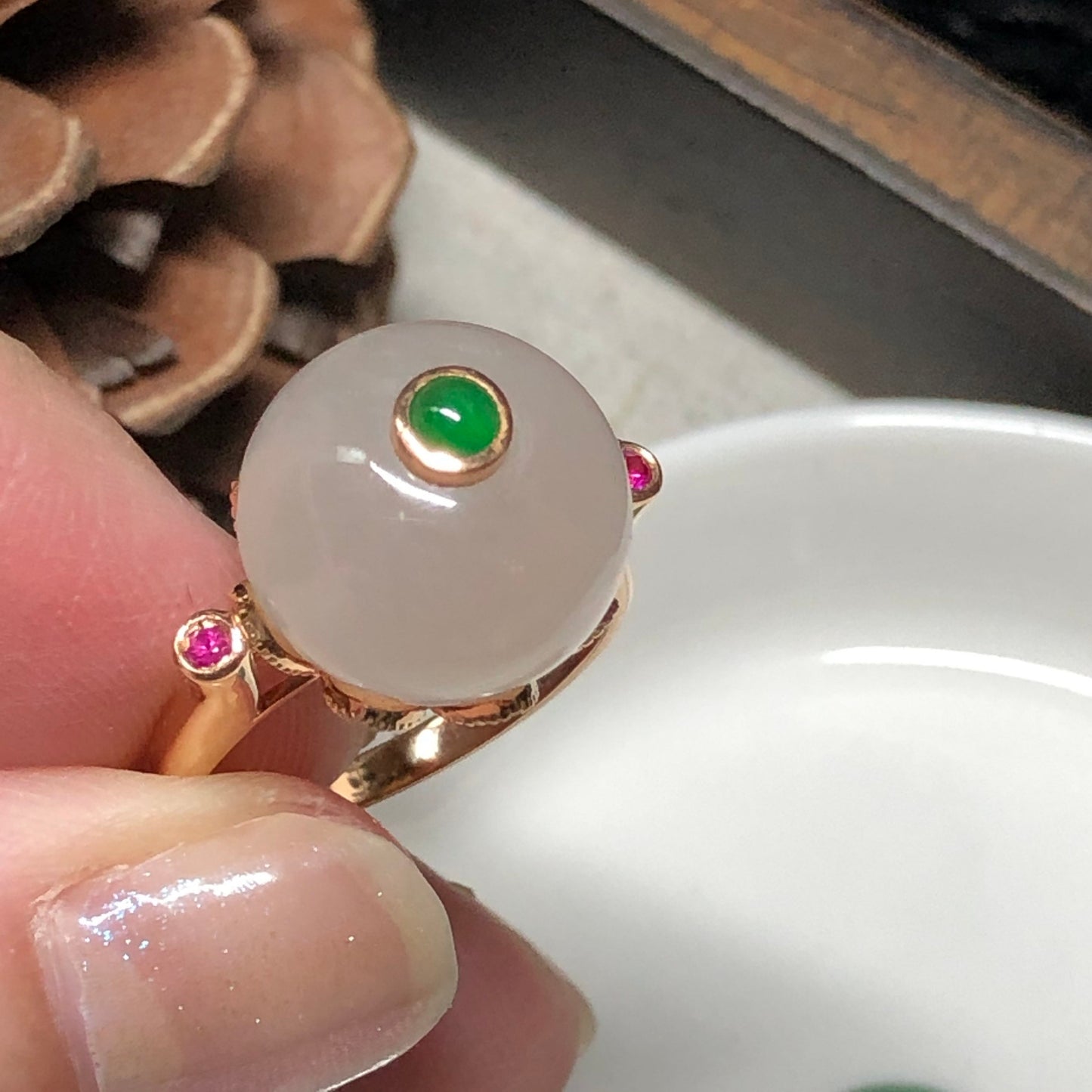 Certified Myanmar Grade A Jadeite Jade Pink Spherical Donut Ring 18K Rose Gold 13.1 mm