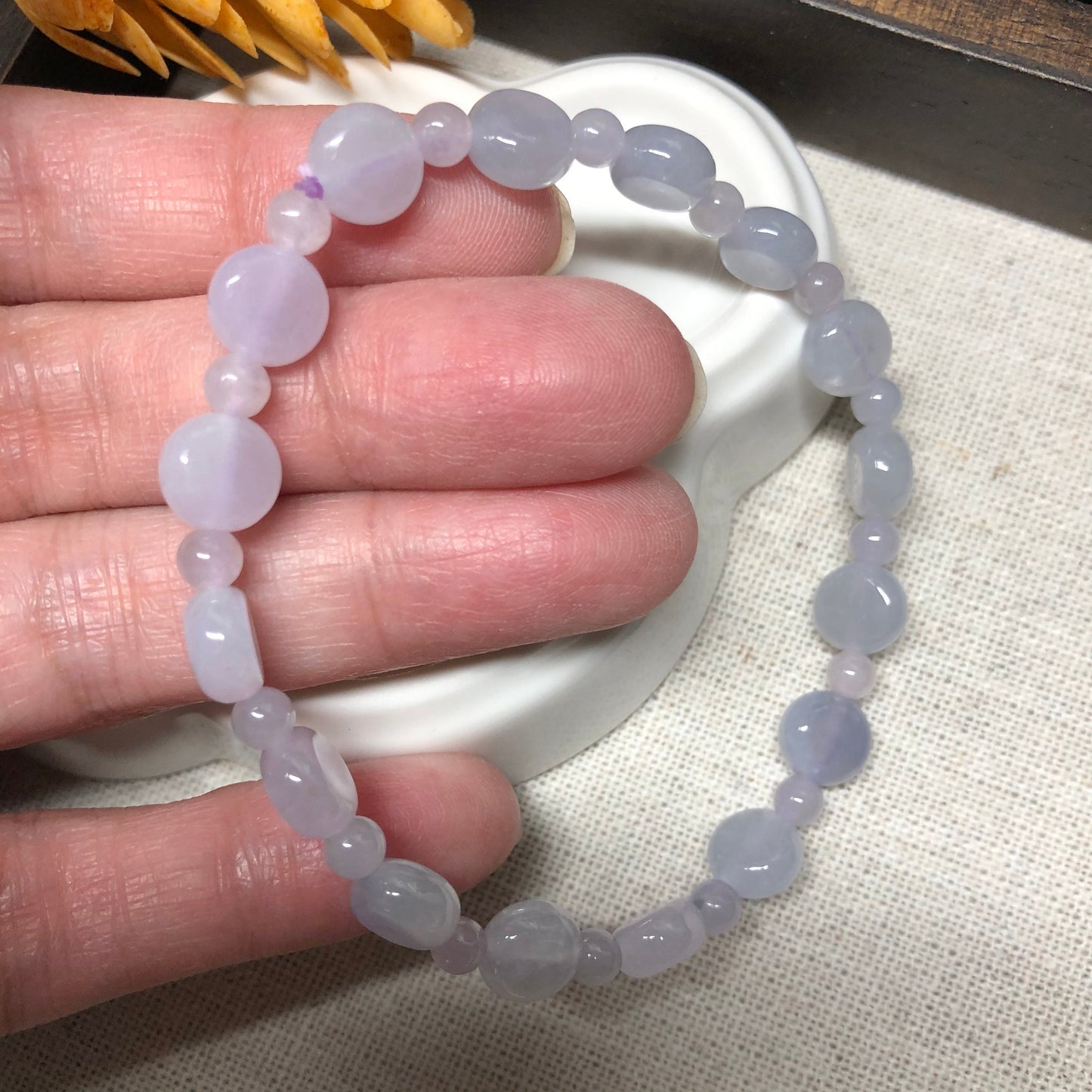 7.8 mm Grade A Icy Glutinous Lavender Flat Jadeite Jade Bead Bracelet 16 pcs.