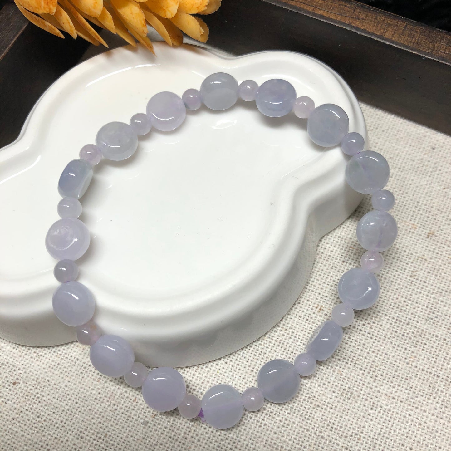 7.8 mm Grade A Icy Glutinous Lavender Flat Jadeite Jade Bead Bracelet 16 pcs.