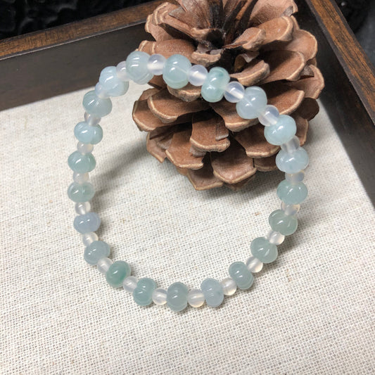 7 mm Grade A Icy Glutinous Sky Blue Jadeite Jade Carved Pumpkin Bead Bracelet 21 pcs. RARE