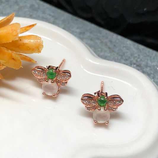 Grade A Jadeite Jade Mini Icy Green Cabochon Butterfly Earring 925 Sterling Gold Silver