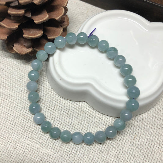 6.6 mm Grade A Icy Glutinous Sky Blue with Green Float Flowers Jadeite Jade Bead Bracelet 26 pcs.