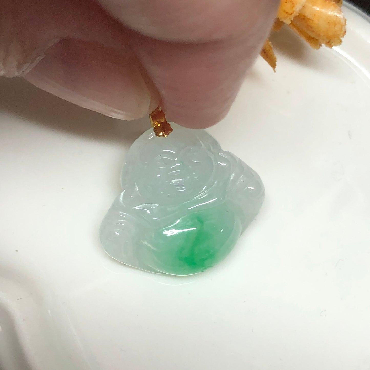 Certified Myanmar Grade A Dainty Green White Buddha With 18K yellow gold buckle