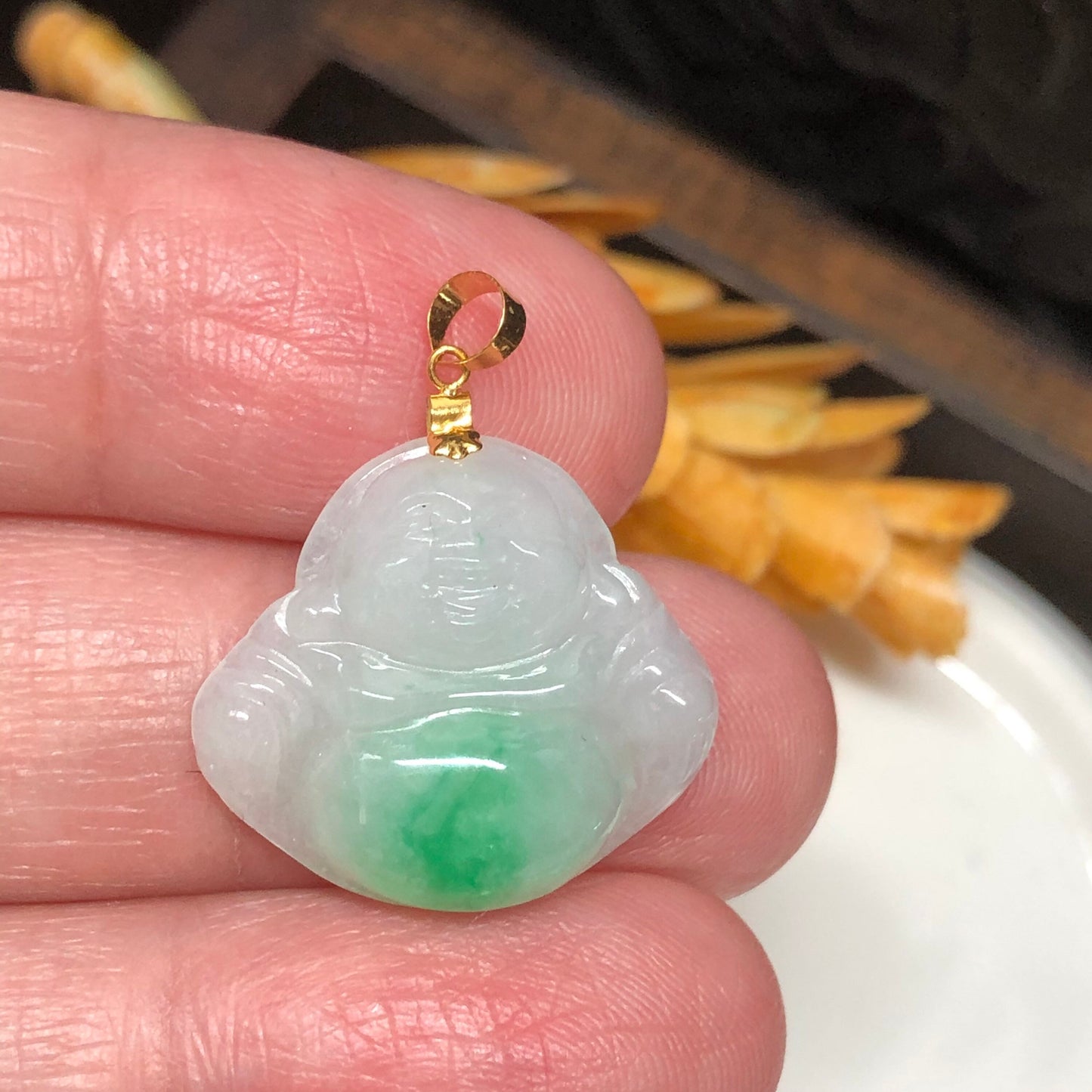 Certified Myanmar Grade A Dainty Green White Buddha With 18K yellow gold buckle