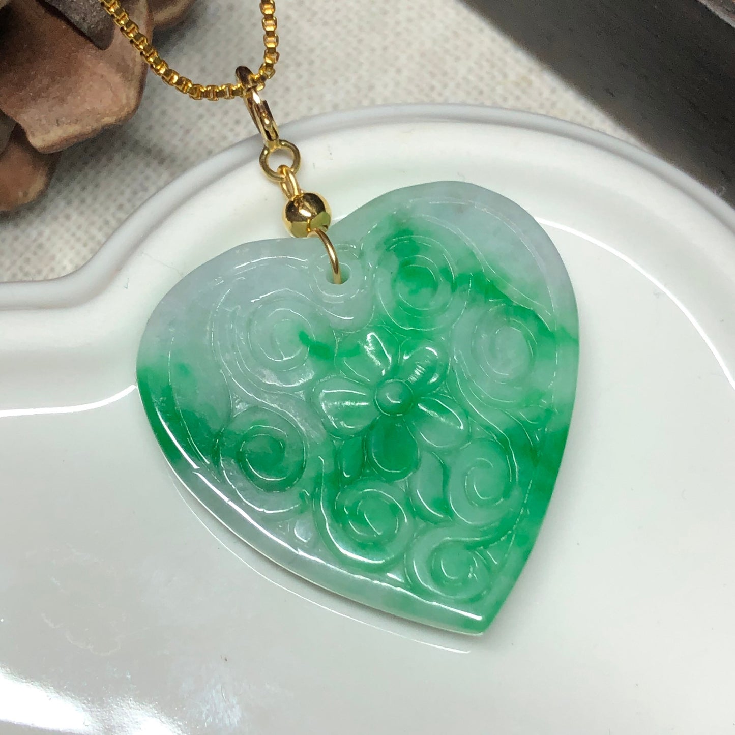 Certified Myanmar Jadeite Jade Yang Green Gradient Floral Heart Carved Pendant - Unique Design