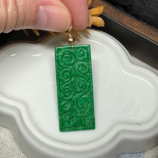 Certified Myanmar Grade A Earthy Green Carved Asian Waves Ruyi With 14K yellow gold buckle