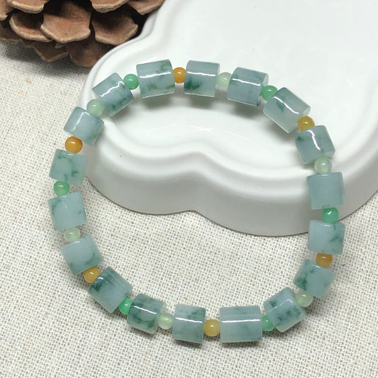 7.2 mm Grade A Green Float Flowers Jadeite Jade Bead Bracelet