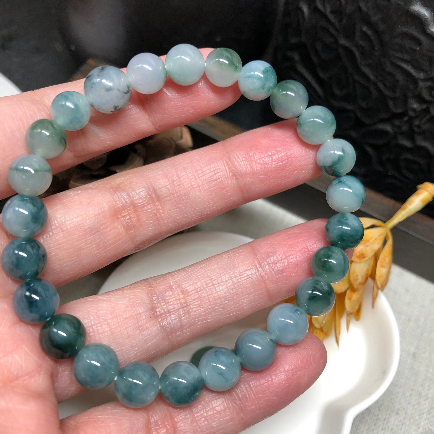 7.6 mm Grade A Green Blue Float Flowers Jadeite Jade Bead Bracelet