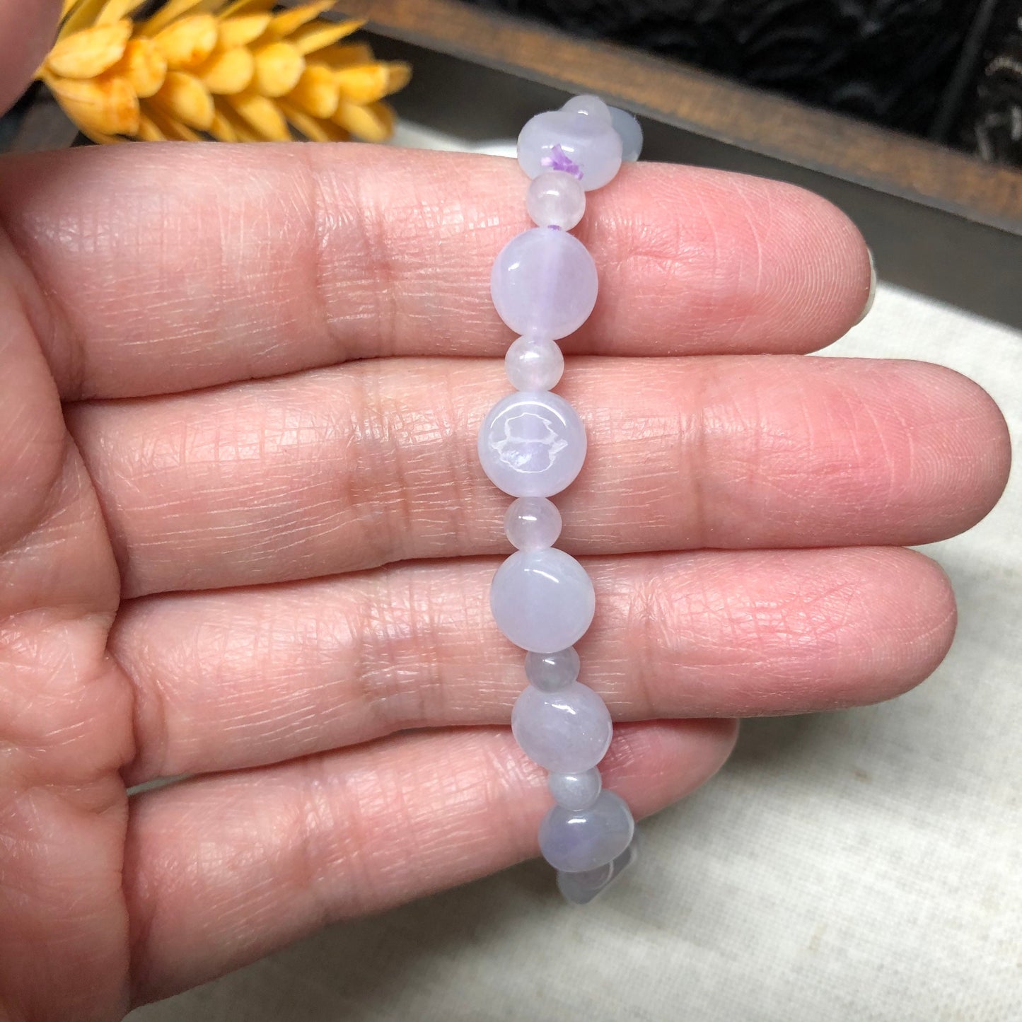7.8 mm Grade A Icy Glutinous Lavender Flat Jadeite Jade Bead Bracelet 16 pcs.
