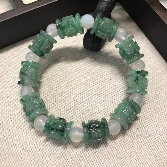 13.3 mm Grade A Translucent Float Green Flowers Gradient carved Six Words Bead Bracelet