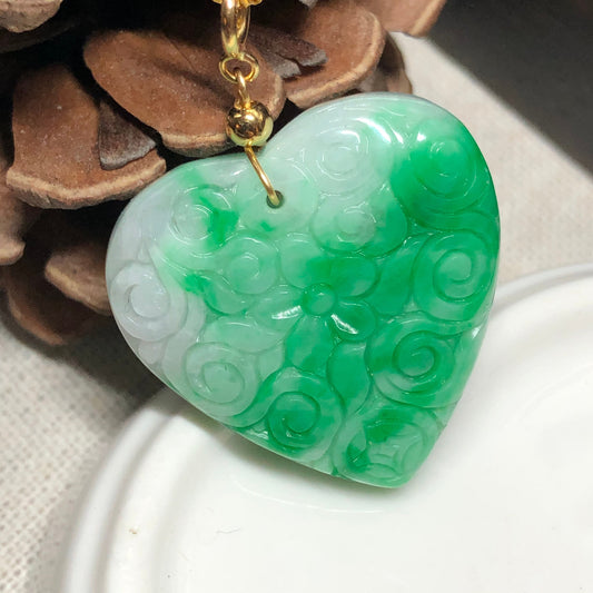 Certified Myanmar Jadeite Jade Yang Green Gradient Floral Heart Carved Pendant - Unique Design