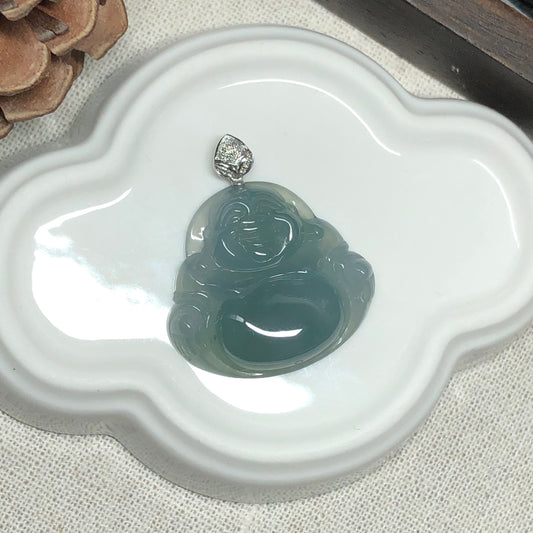 Certified Myanmar Jadeite Jade Carved Icy Fine Sky Blue Buddha Pendant 18K white gold buckle - Unique Design