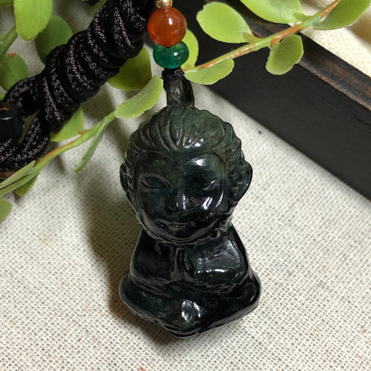 37.4mm Certified Myanmar Grade A Jadeite Green Wuji Carved Monkey Buddha Keychain or Pendant Display Figurine