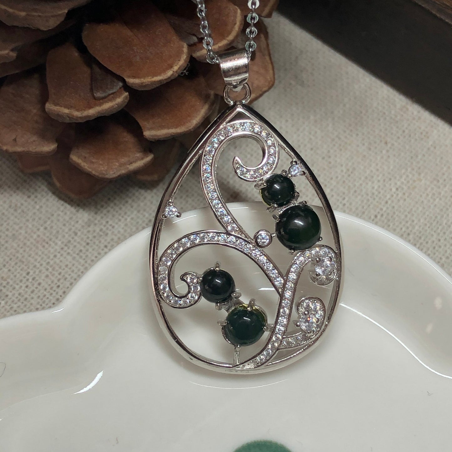 38.5 mm Myanmar Grade A Jadeite Jade Drop Pendant 925 Silver Necklace