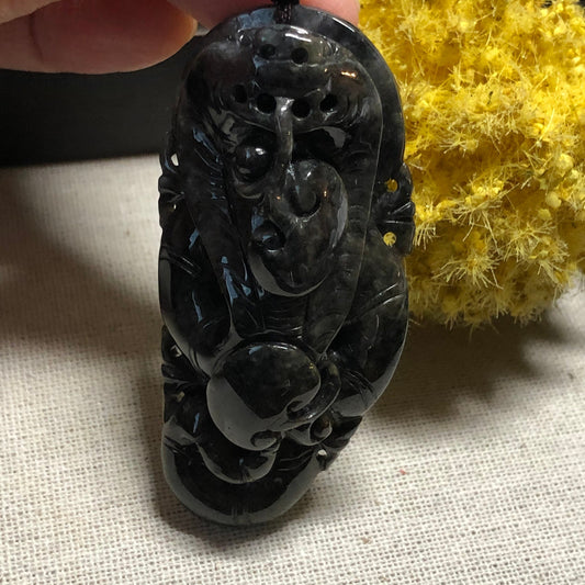 61.6mm Jadeite Jade Wuji Carved Snake Keychain or Pendant Display Figurine Grade A Certified