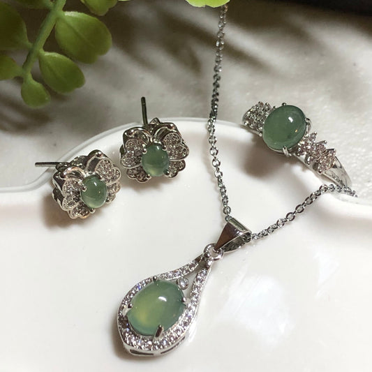 SALE Grade A Jadeite Jade Icy Light Green Cabochon Pendant Butterfly Earring Ring Set 925 Sterling Silver