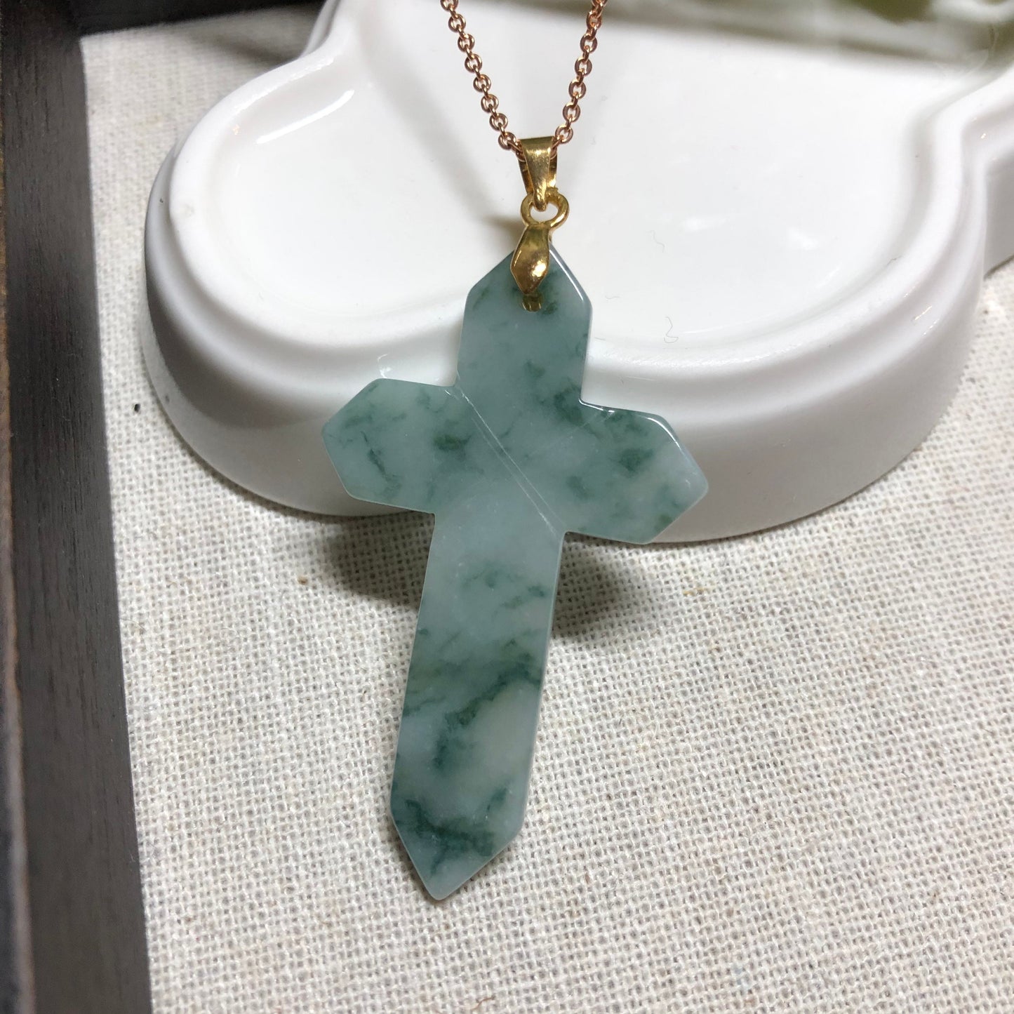 Reserved: 48.6 mm Grade A  Green Float Flowers Jadeite Jade Cross with 925 sterling gold buckle necklace