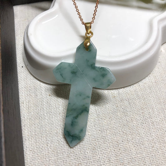 Reserved: 48.6 mm Grade A  Green Float Flowers Jadeite Jade Cross with 925 sterling gold buckle necklace