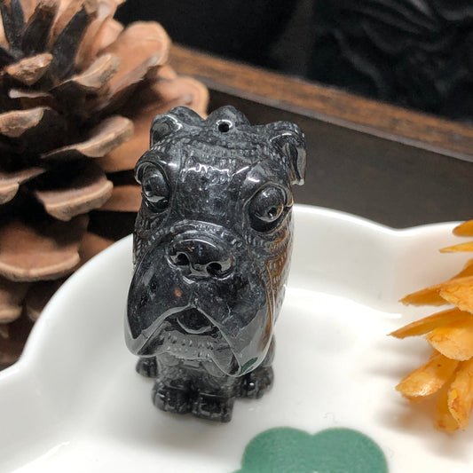 36.2 mm Certified Myanmar Grade A Jadeite Icy Wuji Grey Dog Keychain or Pendant Display Figurine