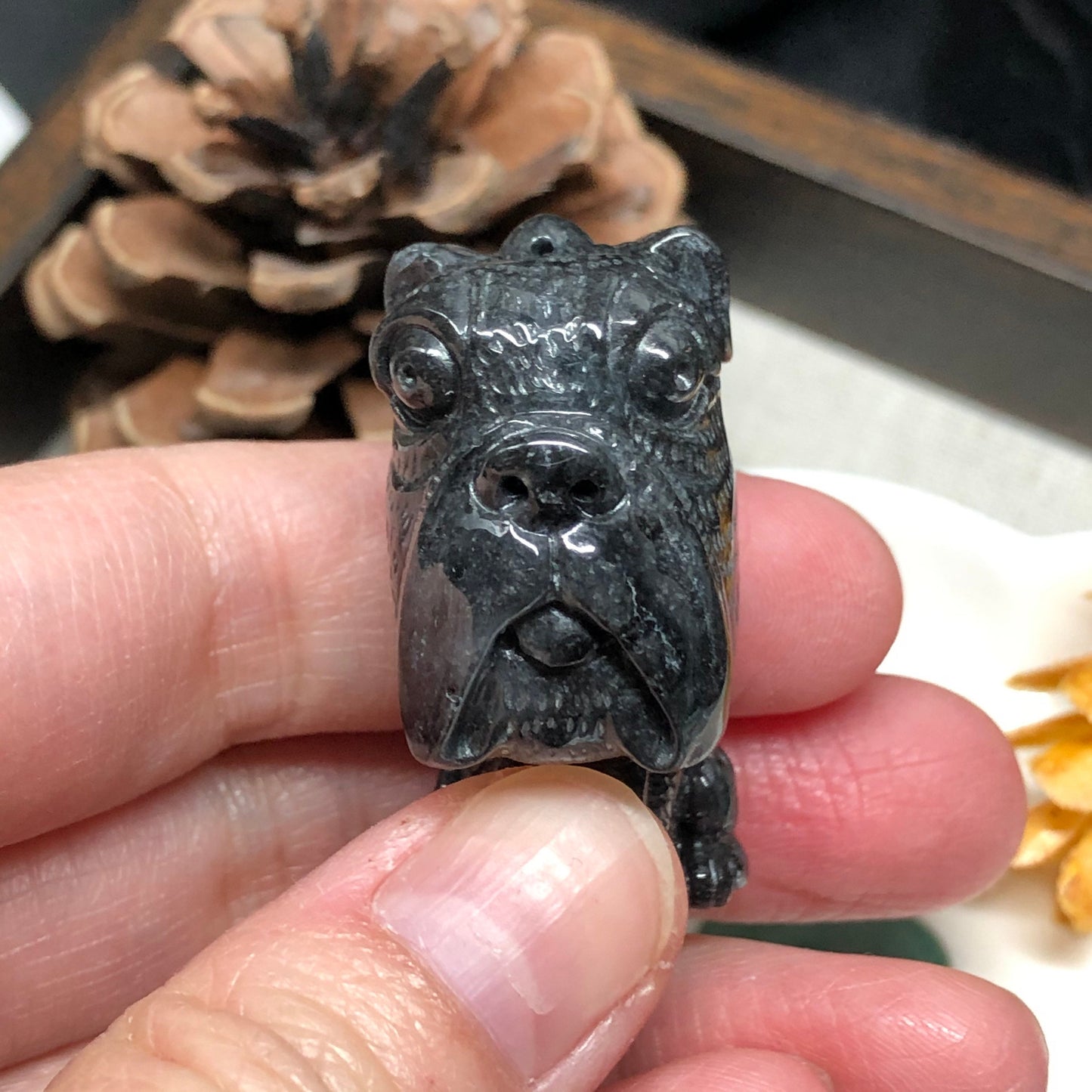 36.2 mm Certified Myanmar Grade A Jadeite Icy Wuji Grey Dog Keychain or Pendant Display Figurine