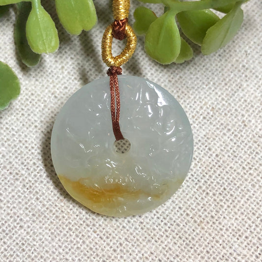 SALE 21.7 mm Certified Myanmar Grade A Icy Float Yellow Brown Asian Floral Carved Peace Donut Pendant NEW