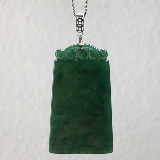 SALE 40.3 mm Grade A  Icy Dark Green Carved Jadeite Jade Plaque with 18K white gold bail