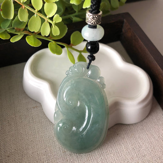 SALE 51.8 mm Grade A  Icy Green Carved Ruyi Jadeite Jade with Neck Rope Tie