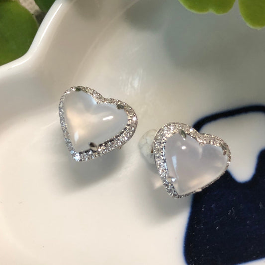 RESERVED: Grade A 3D Icy Glow Jadeite Jade Heart 18K White Gold Earring Diamonds