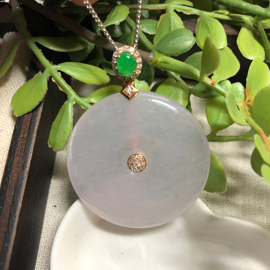 SALE: Grade A Jade Jadeite Moist Icy Light Pink Peace Donut set on 18K White Gold with Cabochon Bail Diamonds