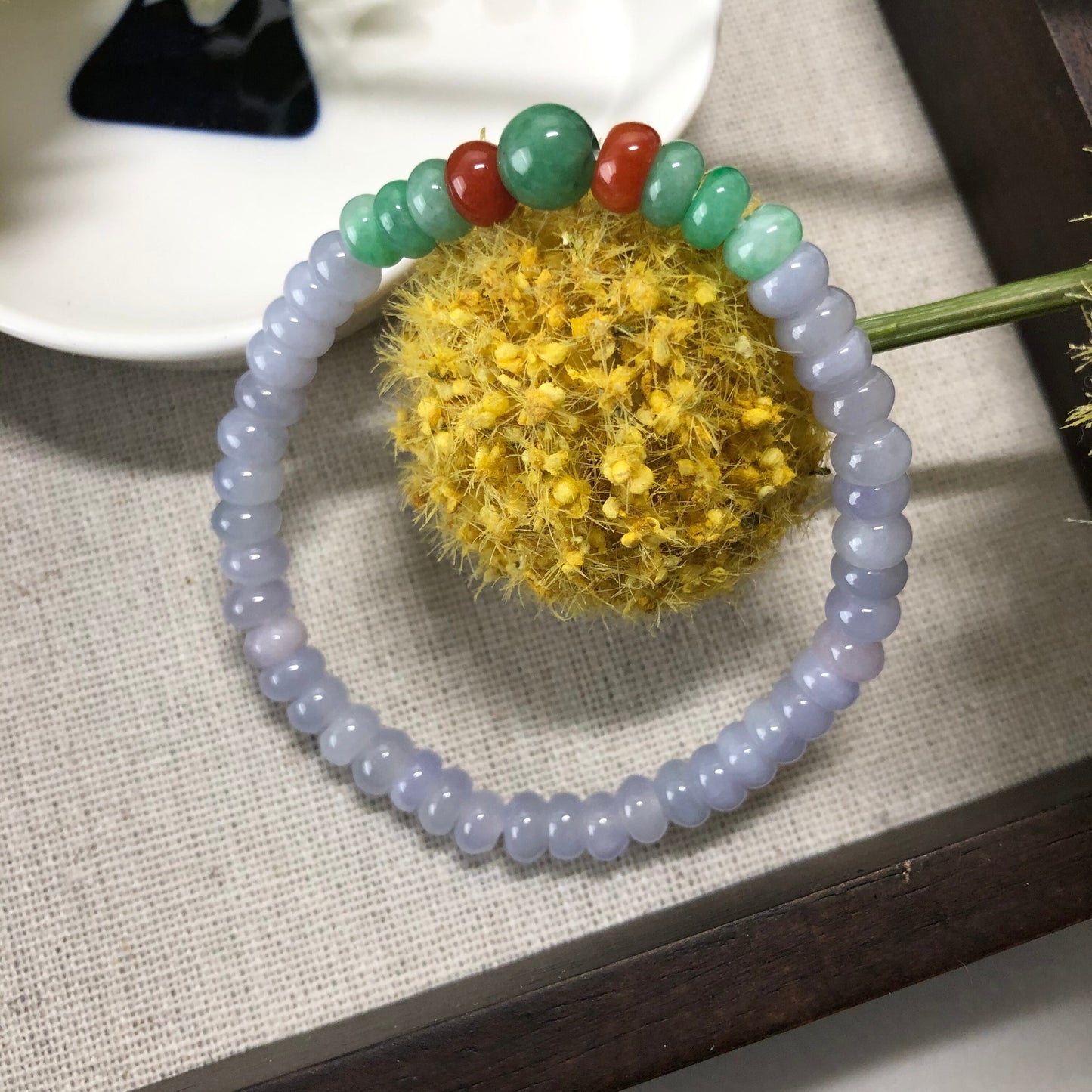 5.4 mm Grade A Icy Green Lavender Jadeite Jade Bead Bracelet 49 pcs.