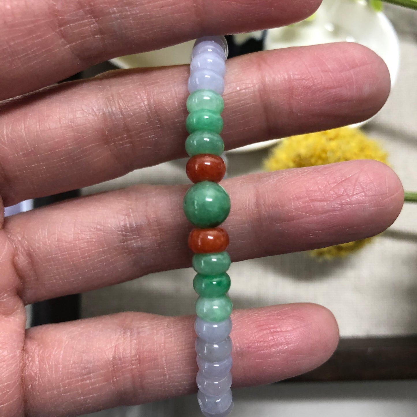 5.4 mm Grade A Icy Green Lavender Jadeite Jade Bead Bracelet 49 pcs.