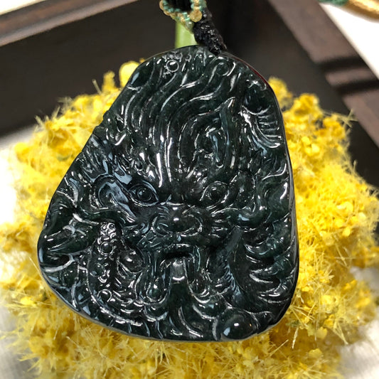 31.7mm Beautiful Grade A Carved Blue Water Green Carved DRAGON Head Pendant 藍水
