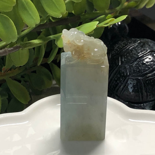 SALE: Grade A Earthy Yellow Green Carved Pixiu Jadeite Jade Display Figurine Stamp