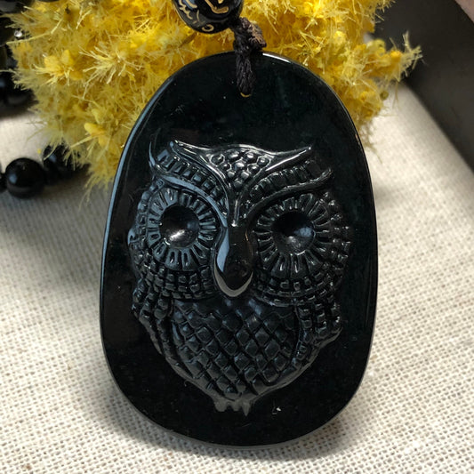 50.7mm Beautiful Grade A Carved Owl Omphacite Black Jadeite Jade Pendant Beaded