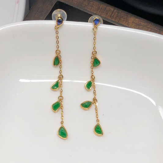 Dainty 18K Gold Grade A Jadeite Jade Icy Imperial Green Water Drop Tiny Sapphire Stone Stud Dainty Dangle Earring
