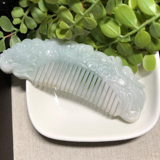 97.6 mm Certified Myanmar Grade A Tint Green Asian Carved Comb Display Collection NEW
