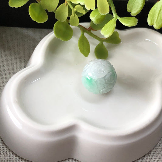 14.4 mm Grade A Icy White Green Jadeite Jade Carved Barrel Pendant Bracelet