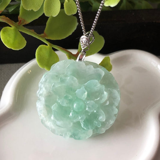 SALE 26.9 mm Grade A  Icy Green Carved Floral Flower Jadeite Jade with 925 sterling silver buckle